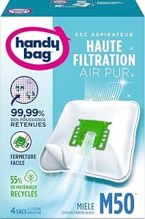 Handy Bag - Sacs aspirateur M50 x4sacs - Compatibles Miele - 99,99% des poussières retenues - Fermeture facile - Filtre anti-allergène - 55% de matériaux recyclés, Blanc