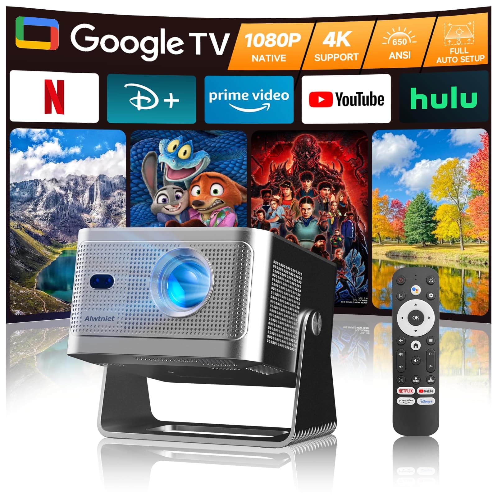Alwtniet Nativo Full HD 1080P Video Projector 4K Con Google TV, Built-in Mini Projector Portable WiFi Bluetooth Autofocus/Obstacle Avoidance/6D Keystone Short Throw - Image 1