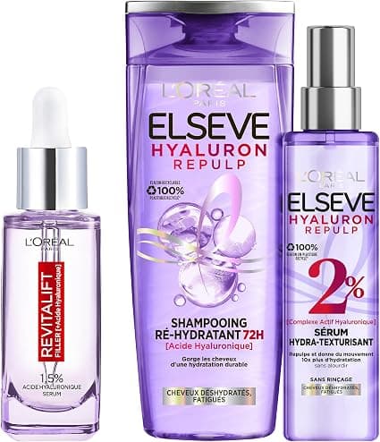 L'Oréal Paris Coffret Elseve Hyaluron Repulp Shampooing Ré-Hydratant 72H 300 ml + Serum Hydra-Texturisant 150 ml + Sérum Anti-Rides Acide Hyaluronique 30 ml - Image 1