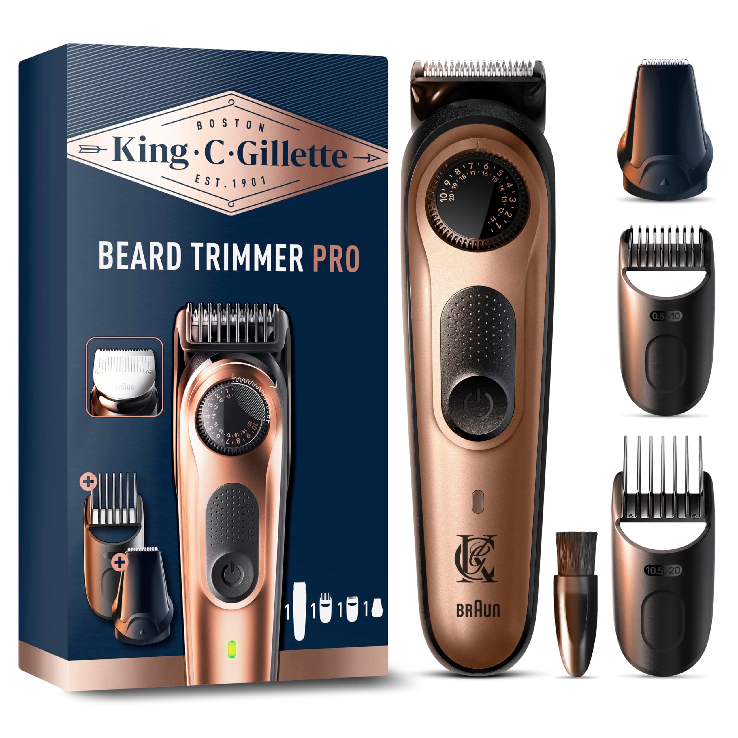 Gillette Gillette King C Pro Electric Beard Trimmer for Men with Sharp and Wear-resistant Metal Blades, Men's Beard Set with Precision Head and 2 Washable Combs, 40 Lengths