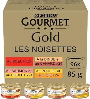 GOLD | Hazelnuts | Adult Cat | Sliced in sauce | Beef, Chicken, Liver, Turkey, Duck Turkey, Salmon-Chicken | Meal Portions | Box | 96 x 85g