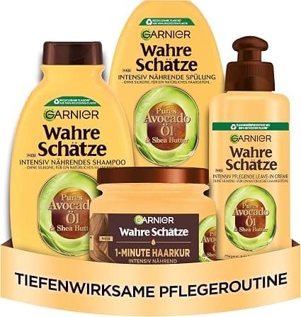 Garnier Wahre Schätze Shampoo Conditioner Mask Leave-In Treatment Set with Avocado Oil and Shea Butter for Very Dry, Wavy, Curly and Thick Hair, Suitable for All