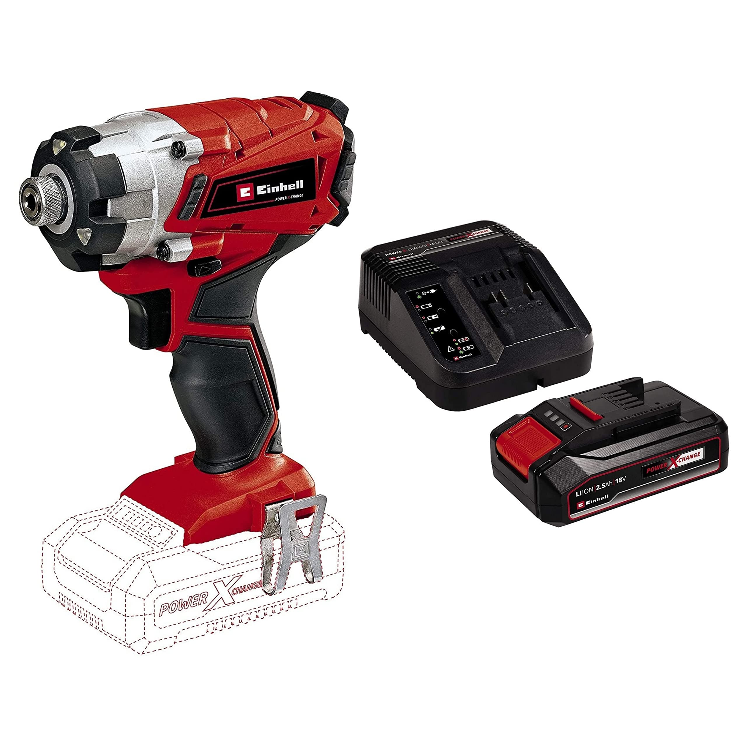 Einhell Einhell TE-CI 18/1 Li Cordless Impact Driver - Solo Power X-Change (18 V, Speed: 0-2300 rpm, Tool Holder (6 pins), Bit Holder) with Charger and 2.5Ah Battery