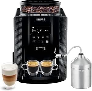 Krups Coffee Bean Machine, Espresso Machine, 2 Cups Simultaneously, LCD Screen, Automatic Cleaning, Steam Nozzle, Stainless Steel Milk Jug Included for Cappuccino, Essential Espresso Coffee Maker