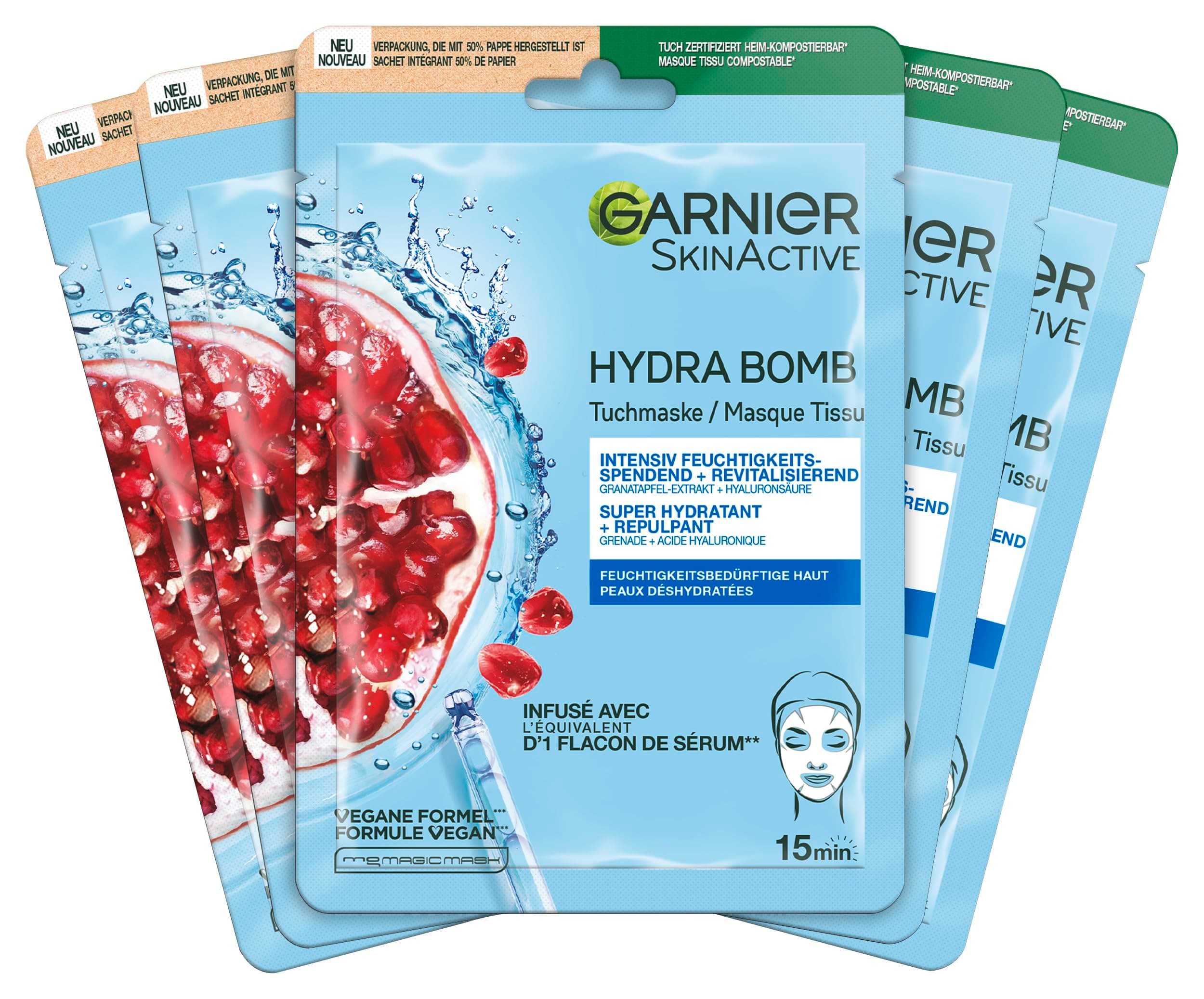 Garnier Set de Masques en Tissu pour le Visage à la Grenade pour Peau Sèche, Revitalisant et Hydratant, Avec Acide Hyaluronique et Extrait de Grenade, SkinActive, Hydra Bomb, 5x 28g - Image 4