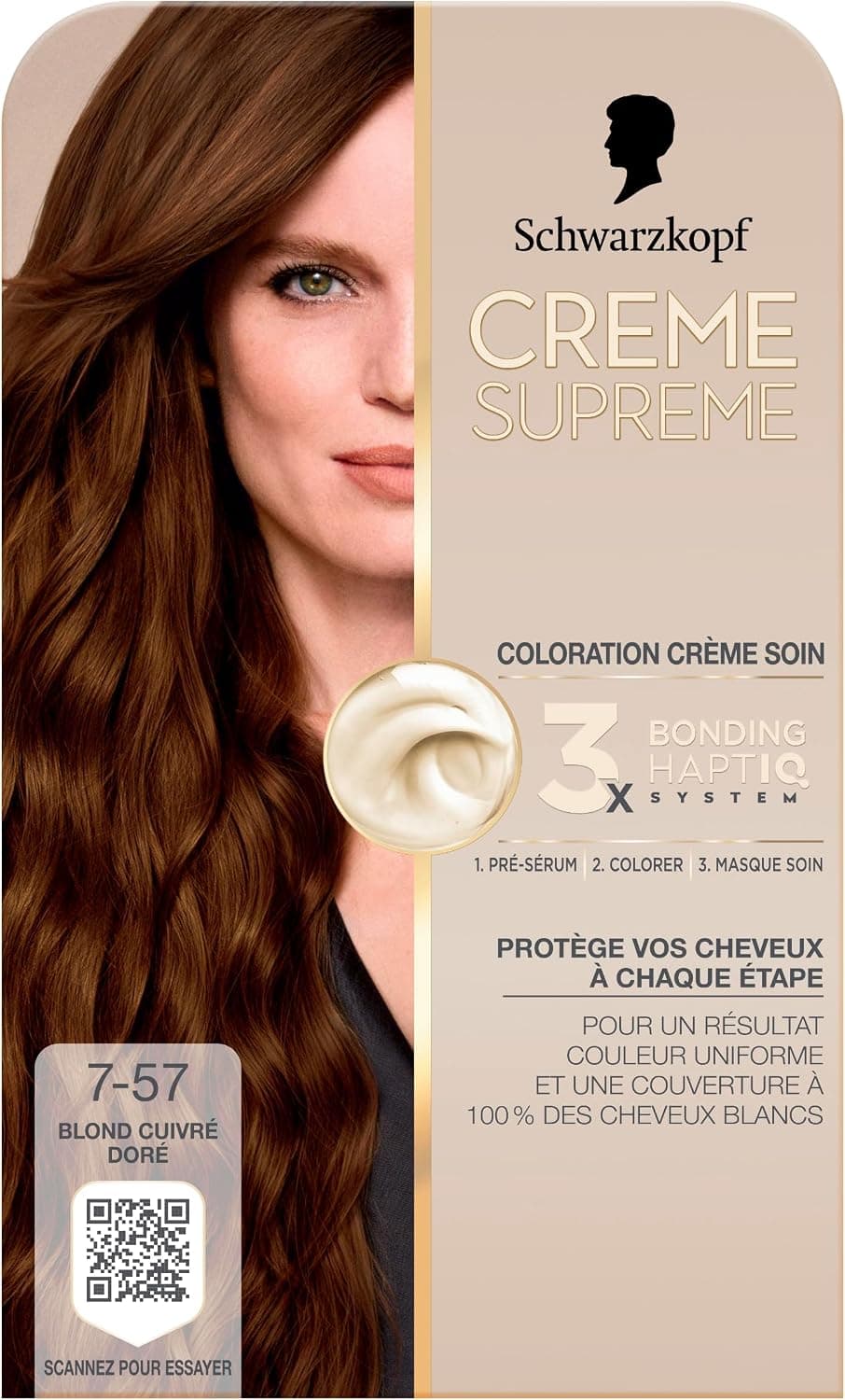 Creme Supreme - Schwarzkopf - Coloration Permanente - Resultat Couleur Uniforme - Coloration Creme Soin -Bonding - Pre-serum et Masque Soin -Couverture 100% Cheveux Blancs - 7-57 -Blond Cuivré Cendré