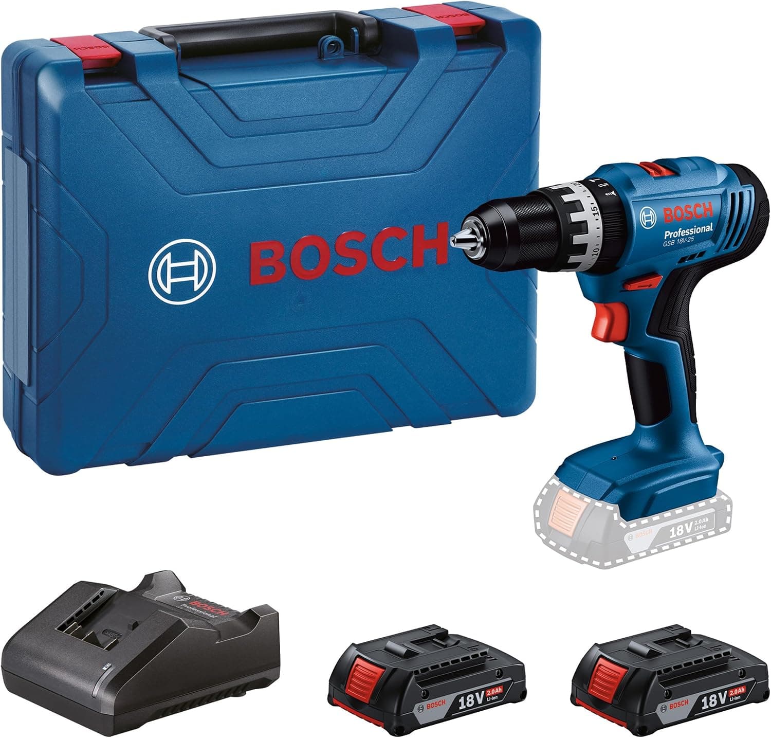 Bosch Professional 18V System GSB 18V-25 cordless impact driver (max. screw diameter 10 mm, with 2 GBA 18V 2.0 Ah batteries, 1 GAL 18V-20 charger, transport case) - Image 1