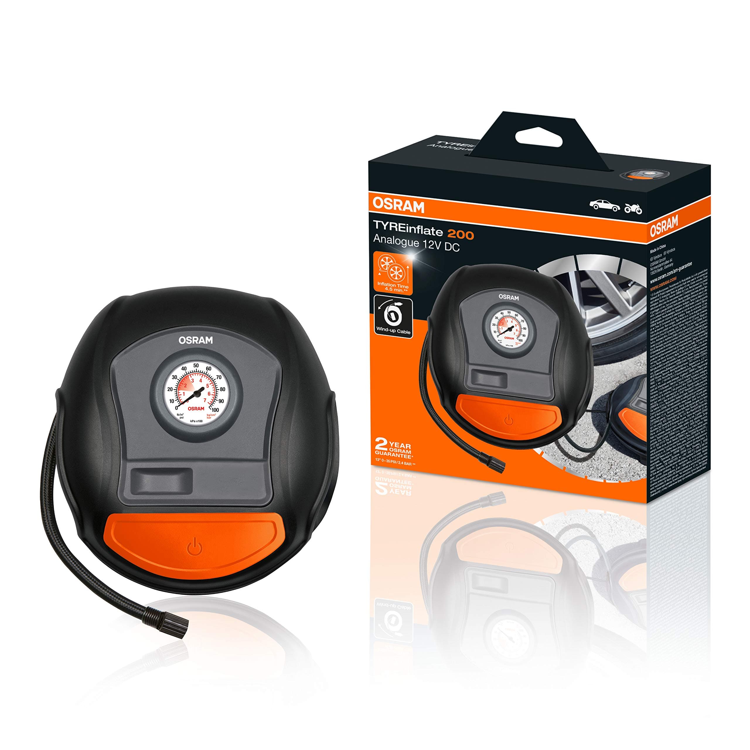 Osram OSRAM TYREInflate 200 Analog Tyre Inflator, Portable 12V Car Tyre Air Compressor Electric Connection via Cigarette Lighter, Tyre Inflation in 4.5 Mins