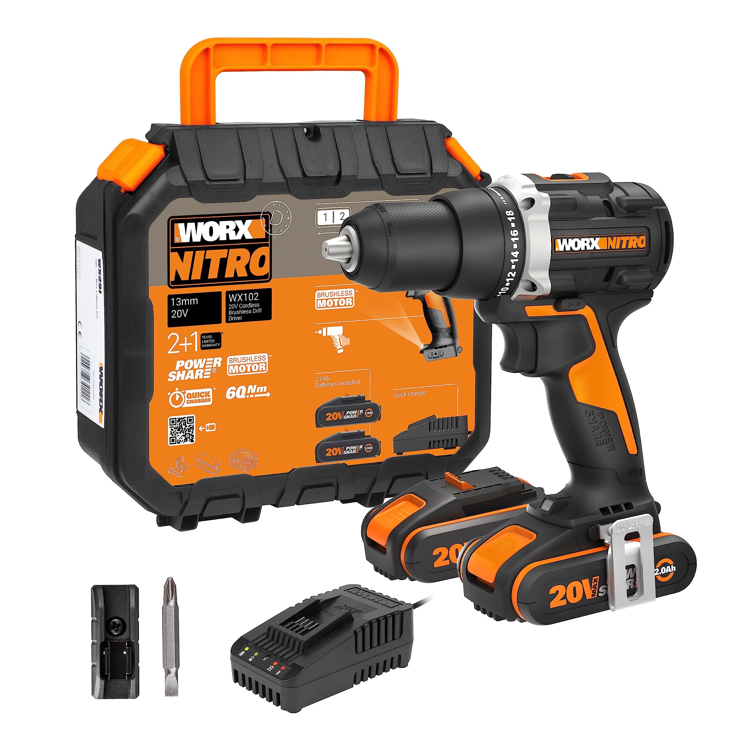 WORX Perceuse Visseuse sans Fil Brushless 20V WX102, Compacte et légère, Couple 60Nm, Mandrin 13mm, 2 vitesses, Lumière LED, Vissage et Dévissage, Livrée avec 2 Batteries 2Ah et Chargeur rapide - Image 3