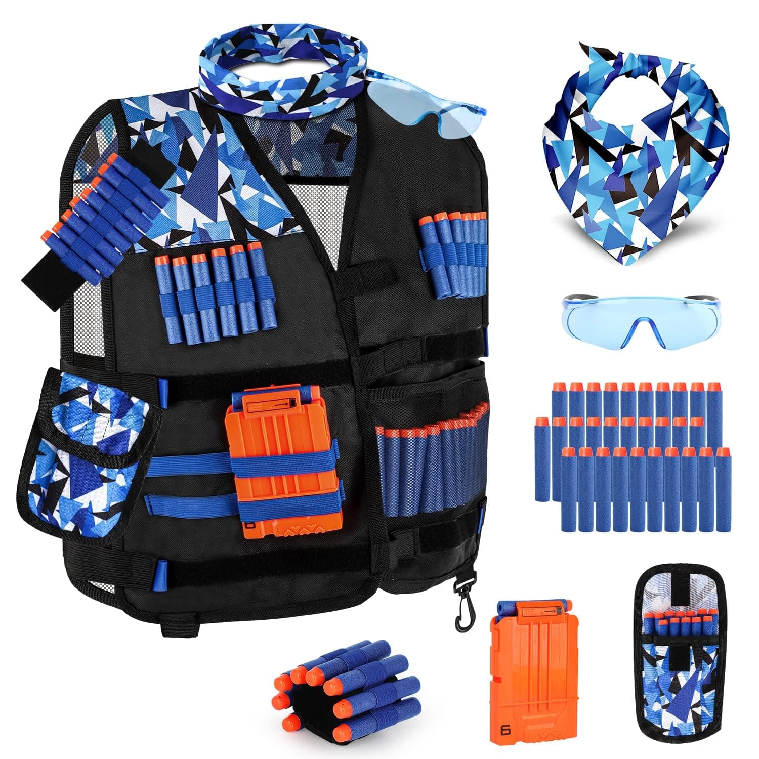 Nerf Lehoo Castle Kids Tactical Vest for Nerf N-Strike Elite Series with Darts, Dart Case, Wristband, Face Mask, Chargers and Glasses (Blue)