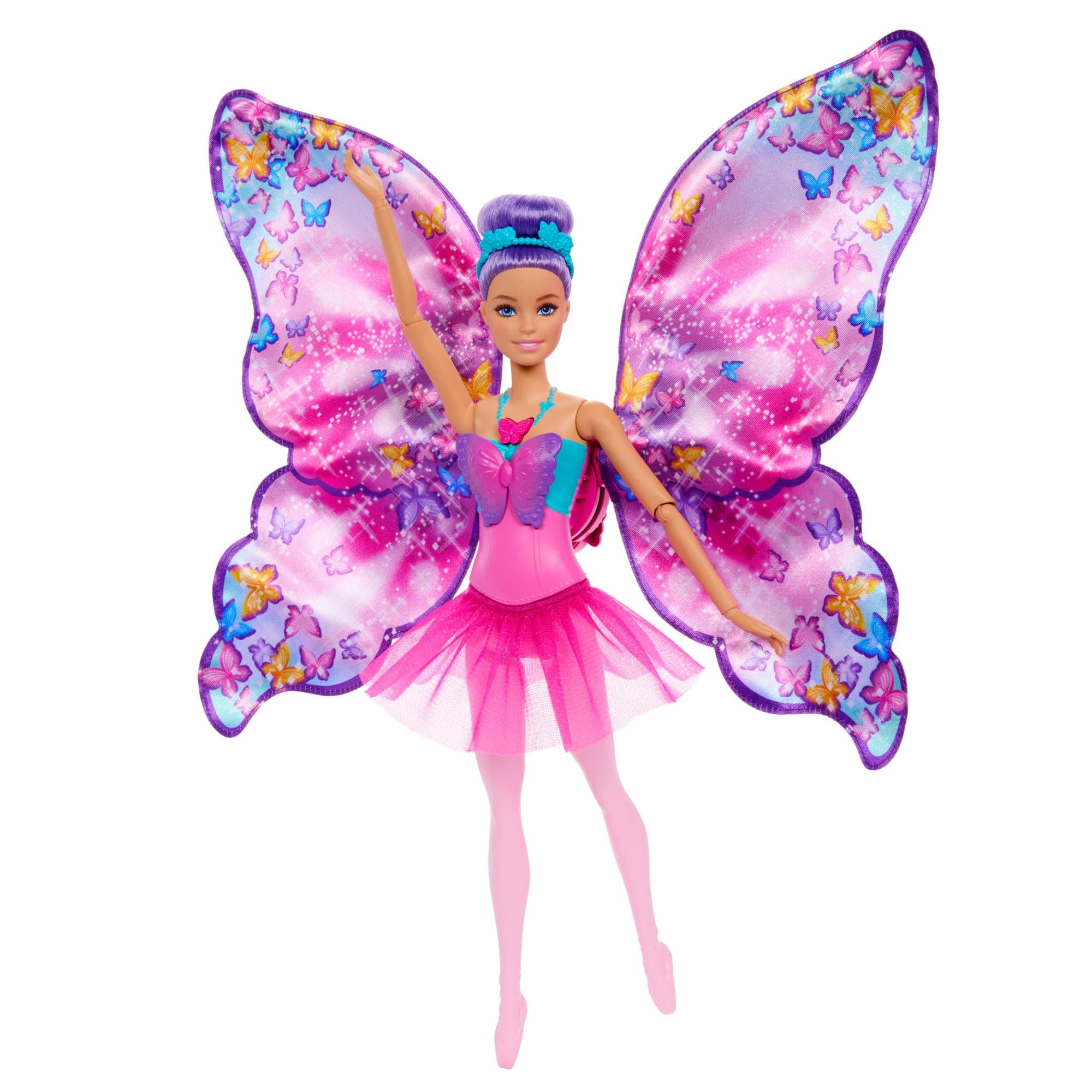 Barbie Barbie From Dancer to Butterfly Transformation Doll 2 in 1 with Open Wings Purple Hair Headband and Removable Tutu HXJ10