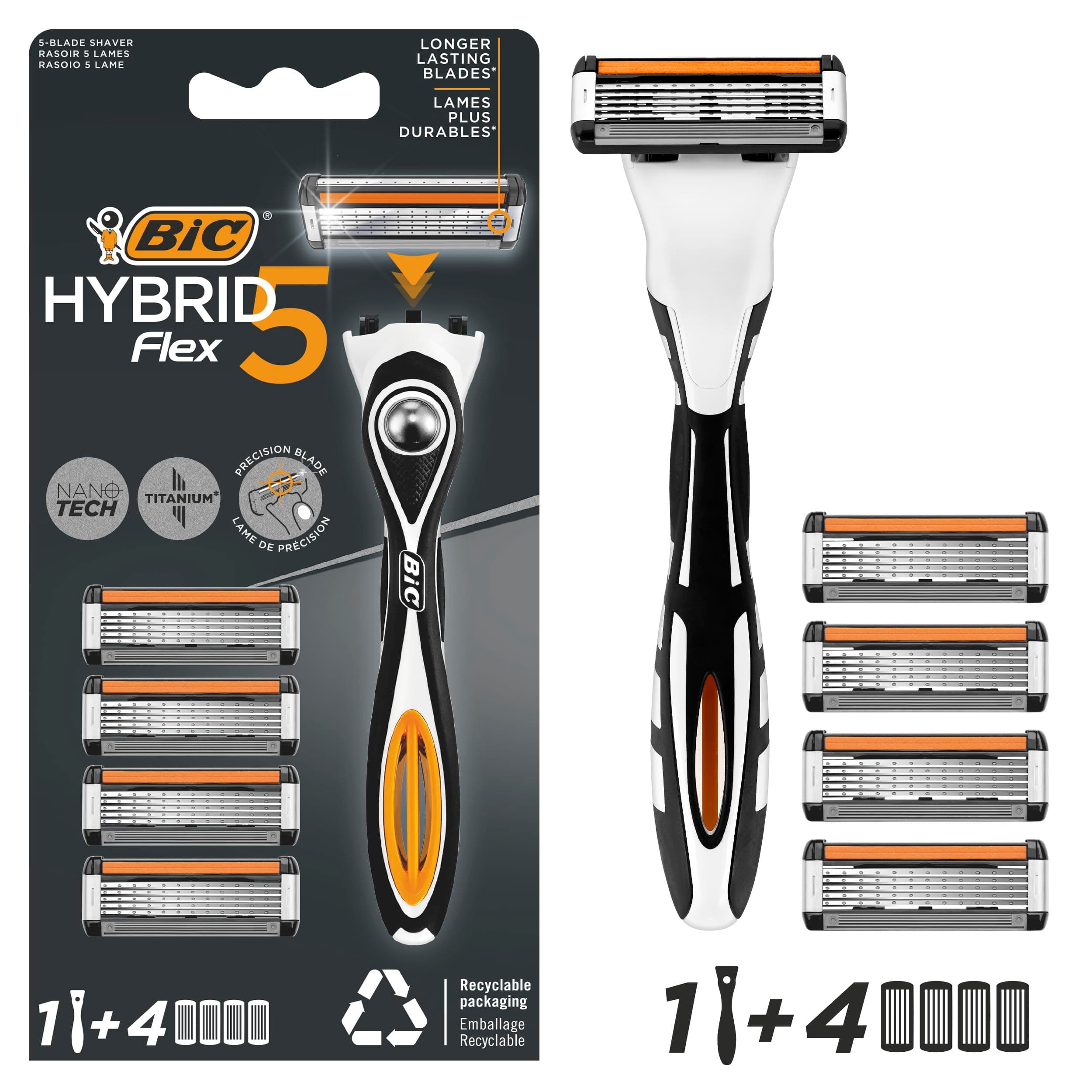 BIC Hybrid 5 Flex - Rechargeable Shaver for Men, 1 Durable Handle + 4 Refills of 5 Blades for a Precise and Comfortable Shave