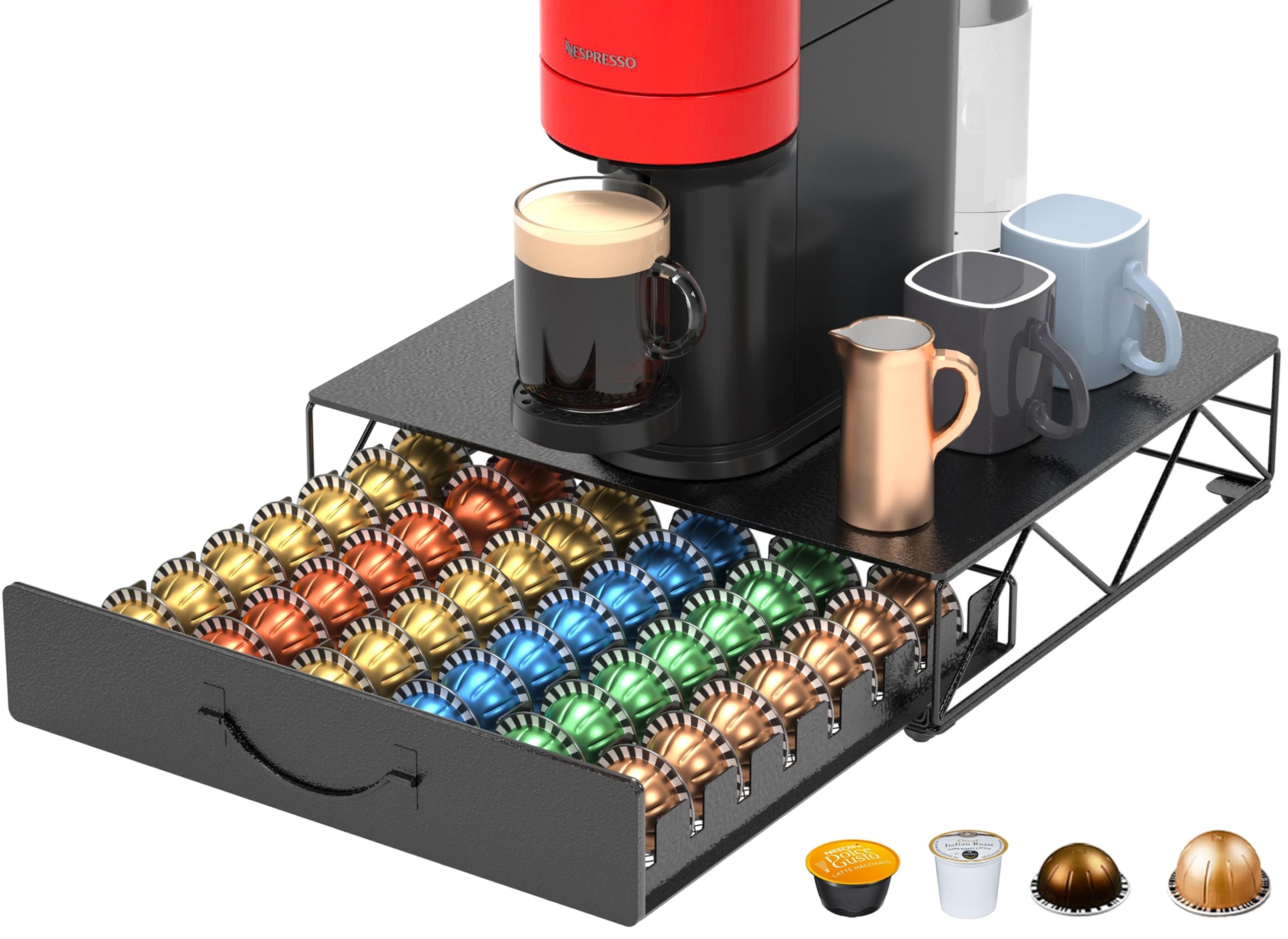 HFHOME Nespresso Vertuoline Capsule Holder, Coffee Pod Holder, Storage Drawer for 48 Vertuo Coffee Capsules and 48 Dolce Gusto Capsules - Image 1