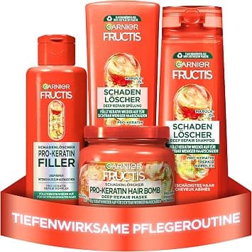 Garnier Fructis 4 x Fire Extinguisher Bottles for Damaged Hair with Pro-Keratin and Marula Oil, Shampoo 250ml, Conditioner 200ml, Curing 200ml, Mask 320ml - Image 1