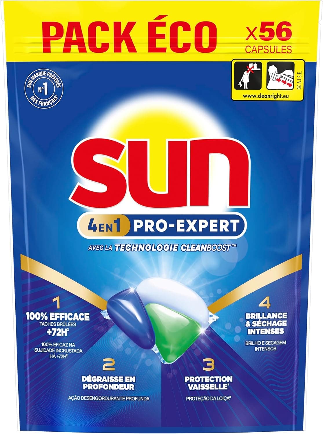 Sun - Pro Expert - Dishwasher Tablets - 4 in 1 Action - Regular - Removes 100% of Burned Stains by +72 Hours - Degrease in Depth - 56 Capsules