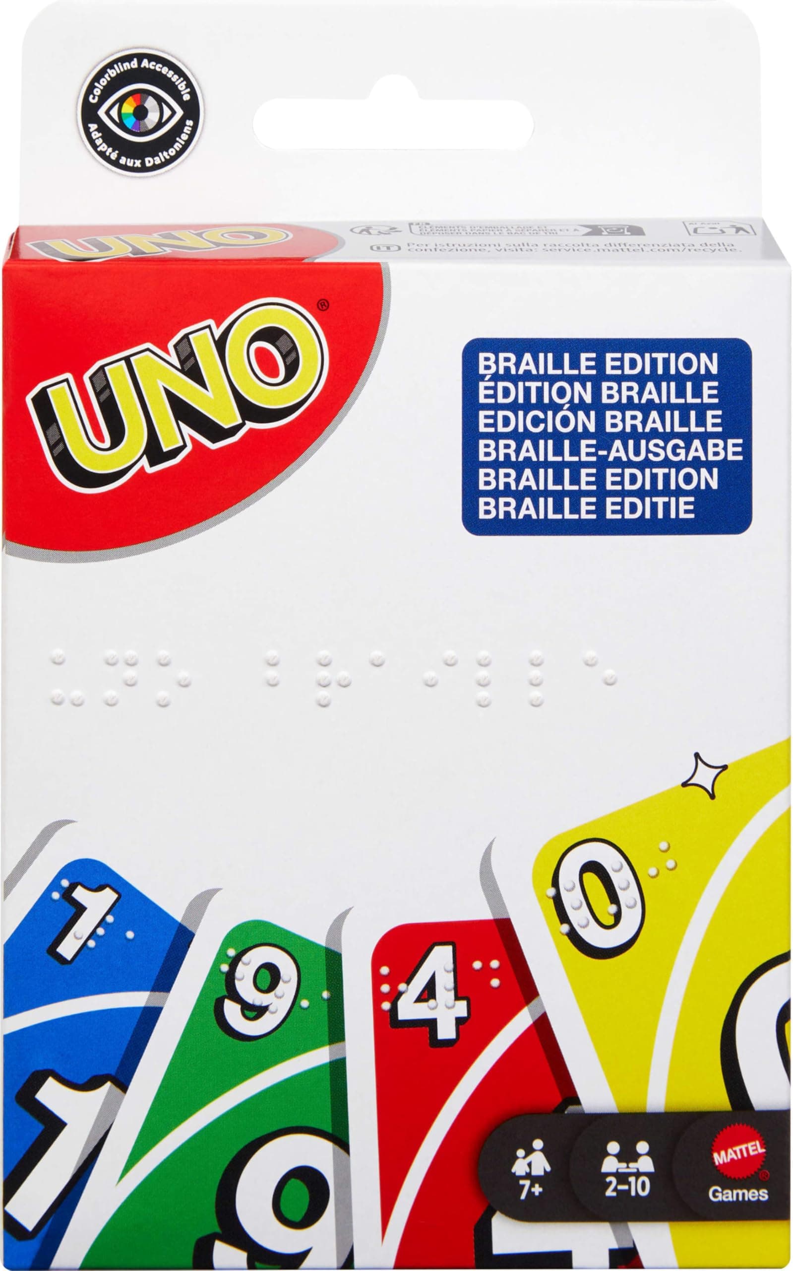 Mattel Games UNO Braille, Card Game with Cards Specially Designed for Blind or Visually Impaired Players, for the Whole Family, Children and Adults, JMK87 - Image 1