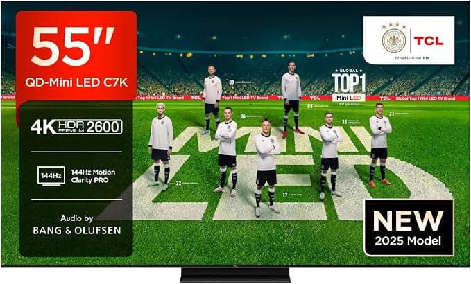 TCL 55C7K QD-Mini 55" 4K HDR Premium LED TV Dolby Vision IQ & Atmos, Bang & Olufsen Sound, Smart TV with Google TV, 144Hz, HDMI 2.1, AMD FreeSync Premium Pro, AirPlay 2, Google Assistant - Image 1