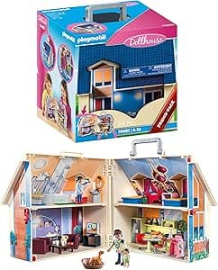 Playmobil 70985 Transportable House - Dollhouse - with Three Characters, Bathroom, Bedroom, Living Room and Kitchen - Fully Equipped - The Traditional House - Opens Anywhere - From 5 Years Old