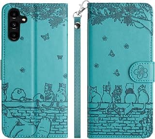 Case for Samsung Galaxy A36, Butterfly Cats Design Leather Flip Case, Anti-Shock Magnetic Wallet Protective Case with Card Slots, Blue Green