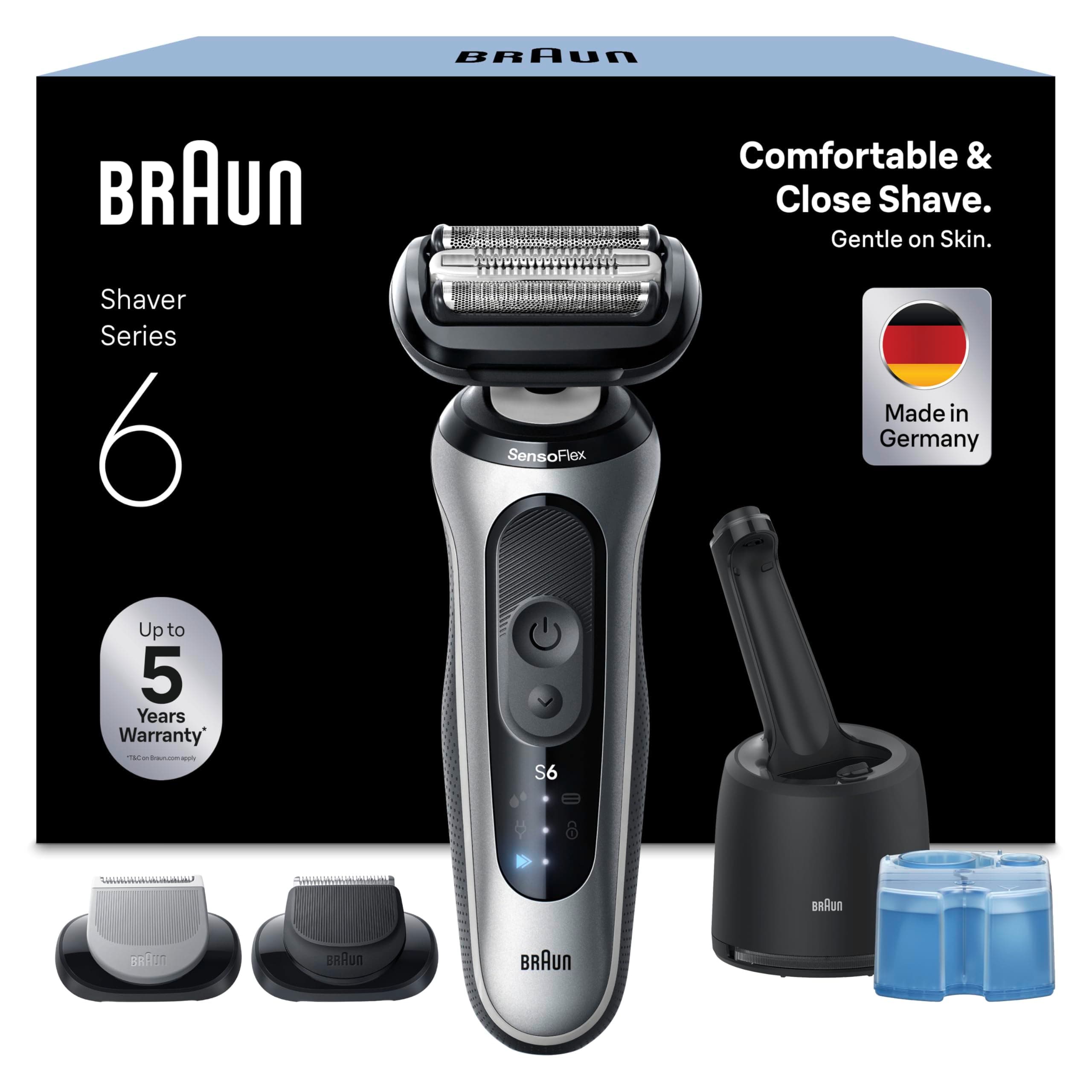Braun Braun Men's Electric Shaver Series 6 62-S7650CC Silver, Waterproof, Flexible Blades for Gentle Shaving and Shaving, 2 Shaving Modes, Body Trimmer, Cleaning Station Set