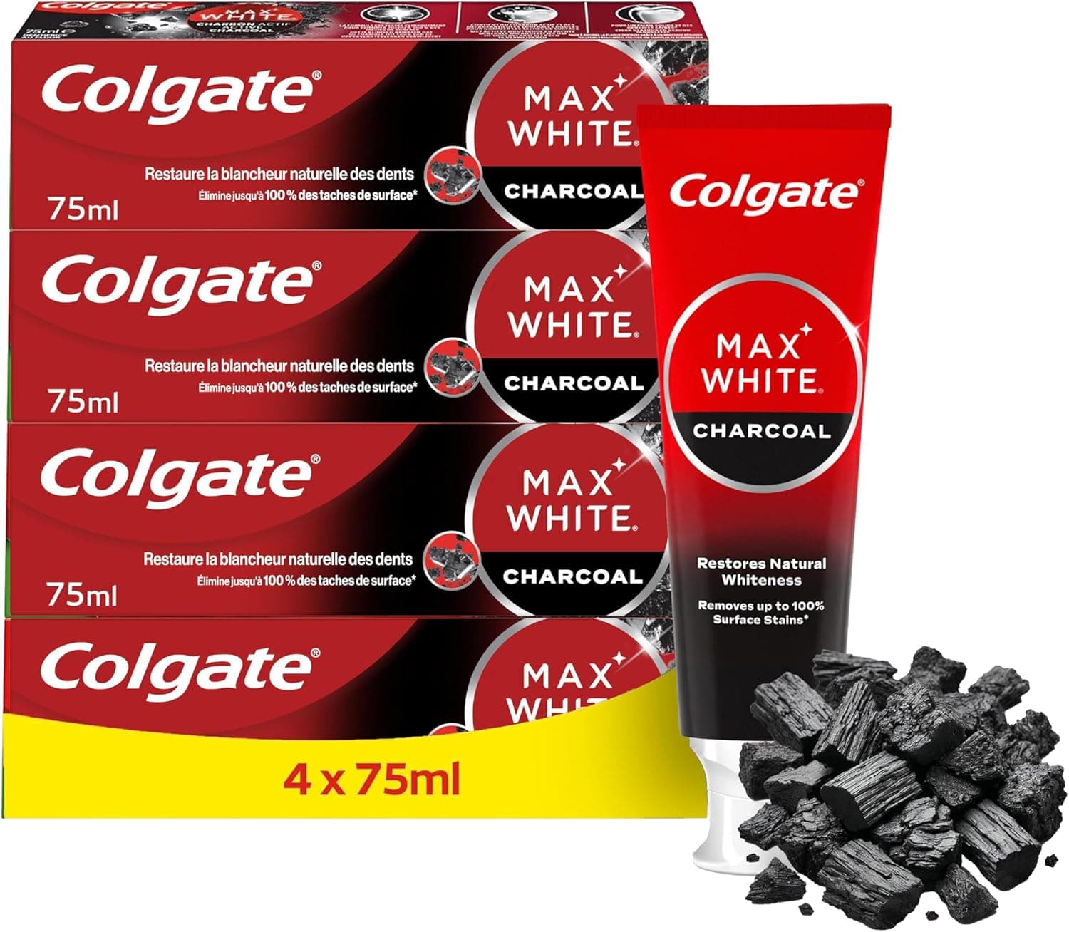 Colgate COLGATE - Dentifrice Blanchissant MAX WHITE | Dentifrice au Charbon Actif | Dentifrice Blanchissant | 99 % d'ingrédients d'origine naturelle | Dentifrice COLGATE Lot de 4 x 75ml