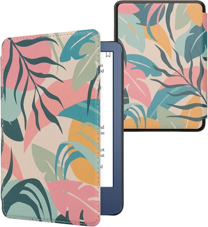 kwmobile Case Compatible with Amazon Kindle (2022/2024) Case - Magnetic Flip Case Tablet eReader Leatherette - Light Pink-Yellow-Green