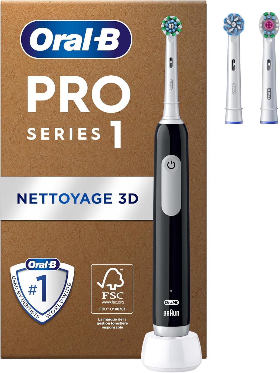 Oral-B Brosse A Dents Electrique Pro 1Noire, 3 Modes De Nettoyage 3D Dont Douceur, Brossage Avec Des Oscillo-Rotations Et Pulsations, 2 Brossettes De Rechange Rondes Oral B, Chargeur, Emballage Carton - Image 1