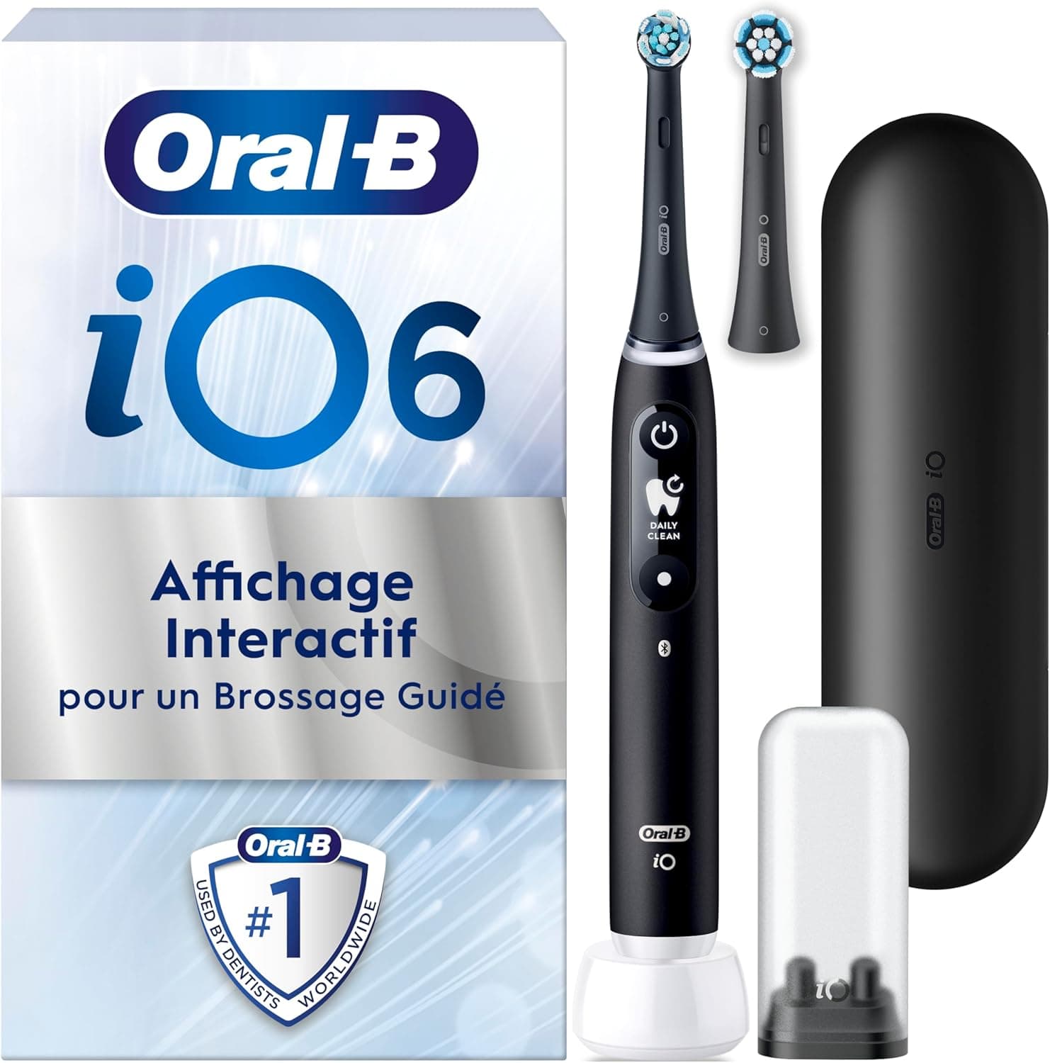 Oral-B Oral-B Brosse A Dents Electrique iO 6 Noire, 5 Modes De Brossage Dont Blancheur Et Soin Des Gencives, Capteur De Pression, Ecran Interactif, 2 Brossettes De Rechange Oral B, Etui De Voyage