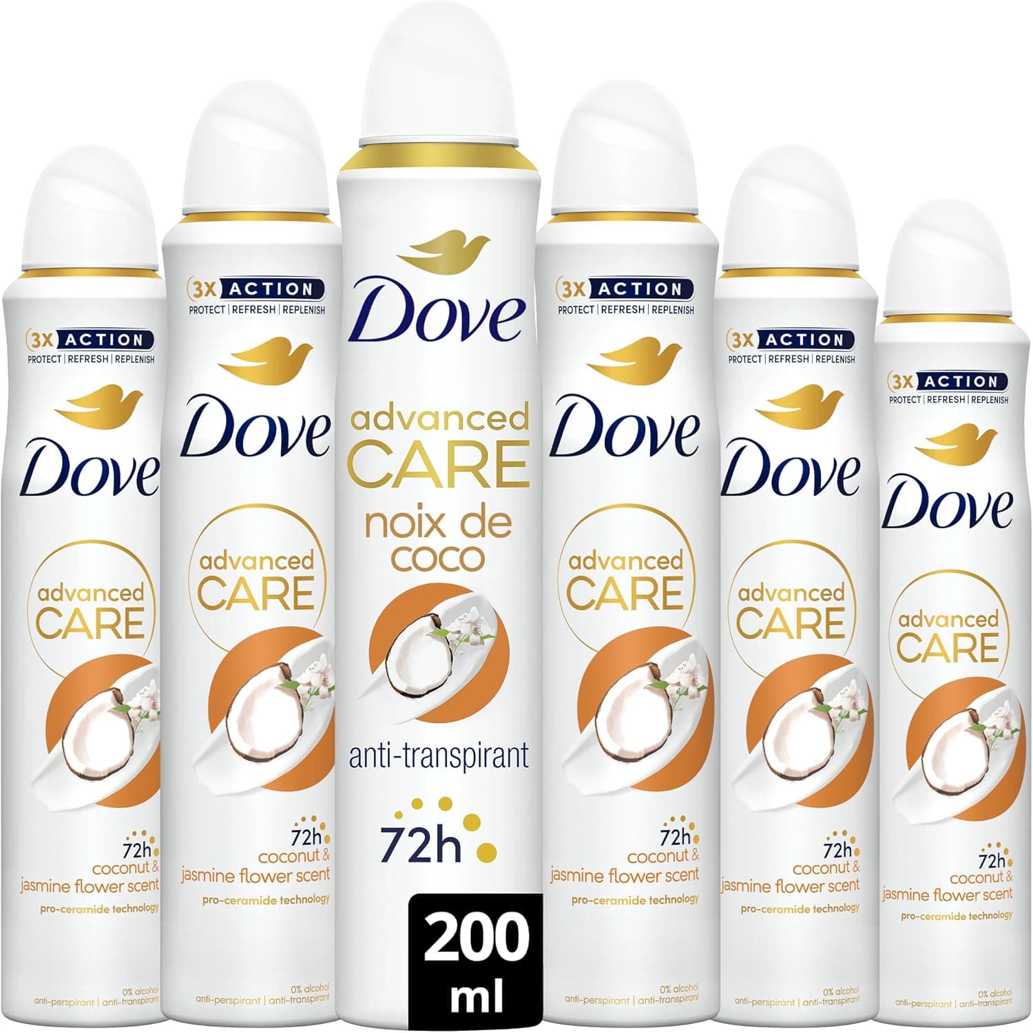DOVE - Déodorant Femme Advanced Care Noix de coco et fleur de jasmin - Spray Anti-transpirant - Soin des aisselles quotidien - 72h de protection - 1200ml (6x200ml) - Image 1