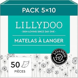 LILLYDOO Matelas à Langer Hypoallergéniques pour Bébé 60x60 cm, 50 pièces (5x10), Alèses Ultra-douces pour les Peaux Sensibles, Sans Parfum ni Lotion, Testés Dermatologiquement