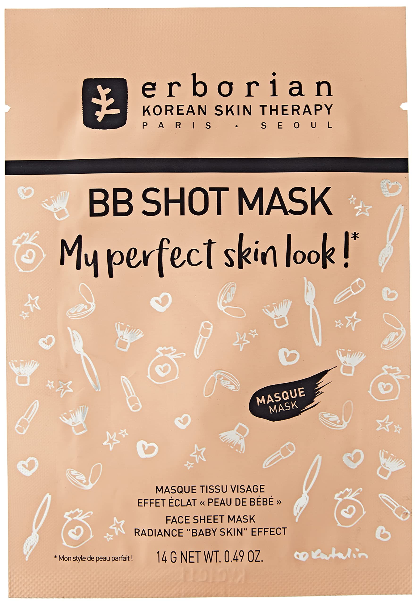 Erborian BB Shot Mask, Masque en Tissu Visage, Effet Éclat "Peau de Bébé", Soin du Visage Coréen, Transparent, 14 g