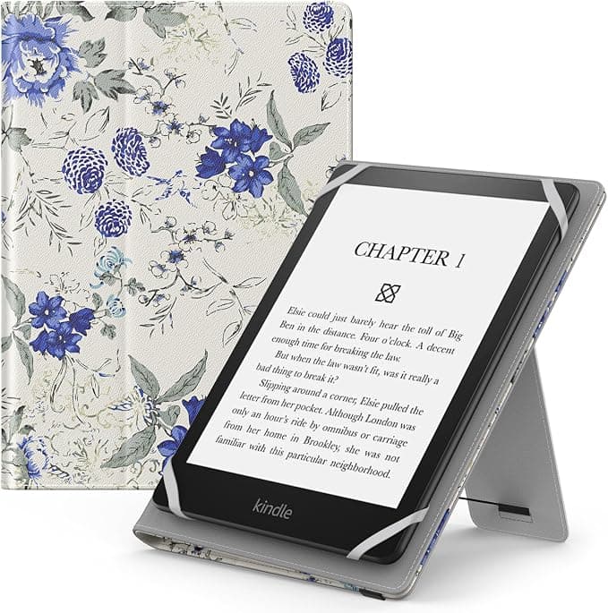MoKo Universal Case for 6 Inch 6.8 Inch 7 Inch Kindle eReaders Fire Tablet – Kindle/Voyaga/Lenovo/Sony Kindle E-Book E-Reader Tablet, PU Case with Adjustable Stand and Hand Strap, White & Blue - Image 1