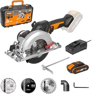 WORX Scie circulaire sans fil Brushless 20V WX531, lame 120 mm, coupe max 46 mm, idéale parquet, bois, métal, carrelage et plastique, 1 batterie 2Ah, chargeur rapide, 3 lames bois métal diamant