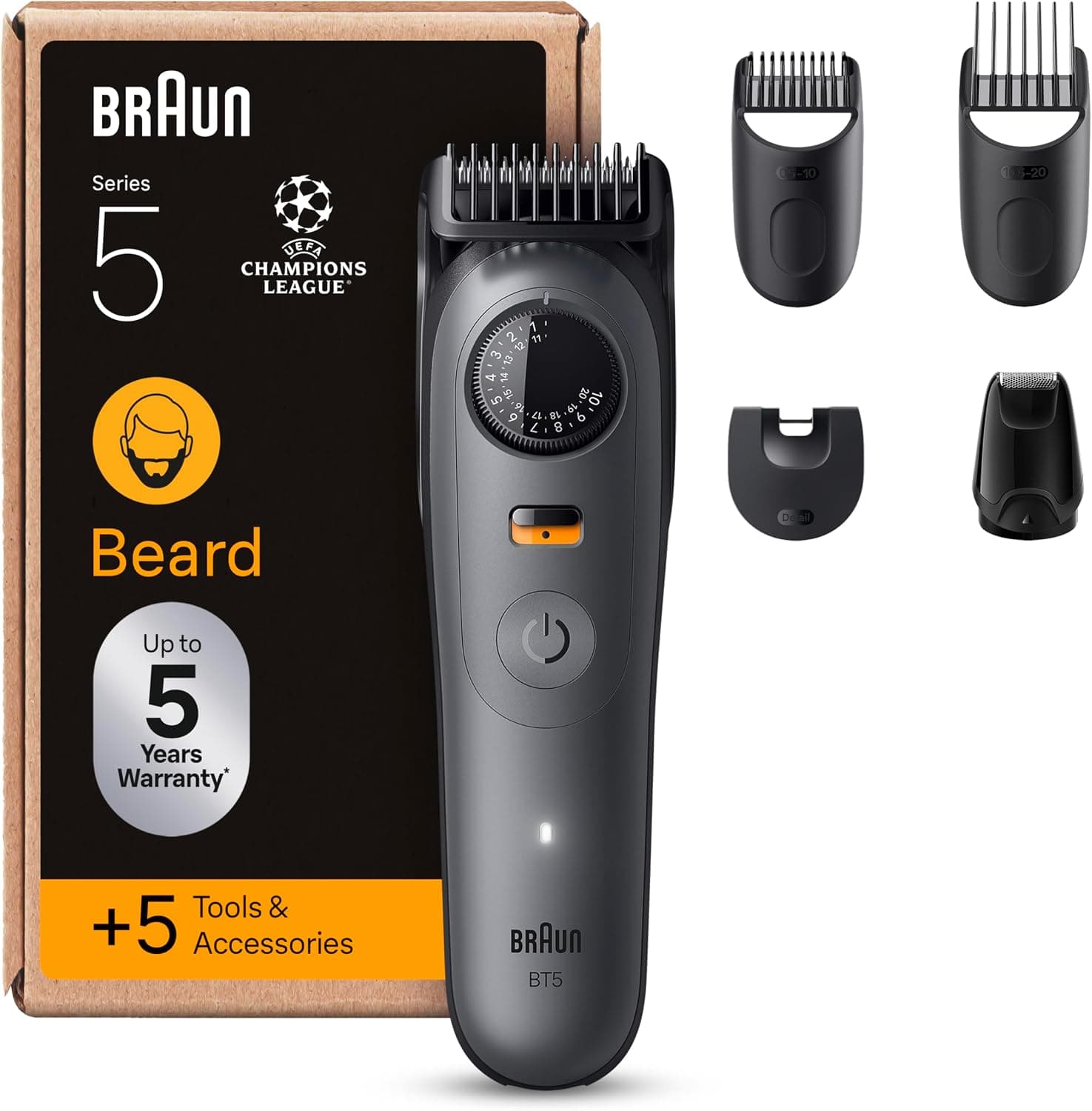 Braun Tondeuse A Barbe Electrique Pour Hommes Series 5 BT5525, Gris, Etanche, Coffret De Rasage Avec +5 Outils De Barbier, Lame Ultra-Affutée, 40 Longueurs Pour Raser Le Visage, Kit Avec 3 Sabots - Image 1