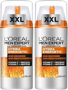L'Oréal Men Expert - 24H XXL Anti-Fatigue Moisturizing Care for Men - Moisturizes & Brightens - Concentrate in Vitamin C Pure 10% - Daily Use - Hydra Energetic - 100 ml (Pack of 2)