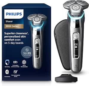 Philips S9000 - rasoir électrique Wet & Dry pour hommes couleur Argent chromé avec lames Lift & Cut, technologie SkinIQ, tondeuse à barbe, socle de charge et étui de transport (modèle S9975/35)
