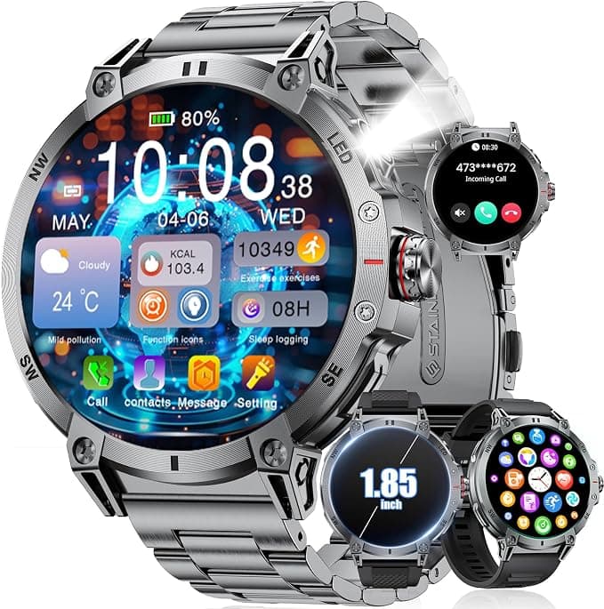 SUNKTA 1.85 Inch HD Smart Watch for iOS Android 800 mAh Large Battery Smartwatch Men Bluetooth Calls Black Steel LED Lamp, Health Monitoring, Sleep Monitor, 100+ Sport Modes - Image 1
