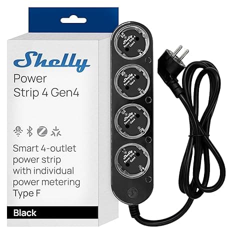 Apple Shelly Europe Power Strip 4 Gen4 Black – Zigbee and Matter Smart Power Strip 150 cm, Type F, 4 x 3680 W Outlets, Surge Protection and Surge Protection, Voice Control Apple Homekit, Alexa, Google Home