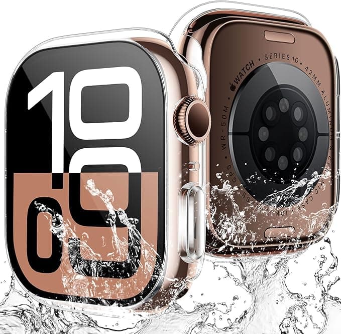 Apple TAURI 2 Pieces PC Waterproof Case for Apple Watch Series 11/10 42mm, [IPX8 Certified Waterproof] with 9H Tempered Glass Screen Protector, [Full Protection] Slim 42mm Case - Transparent