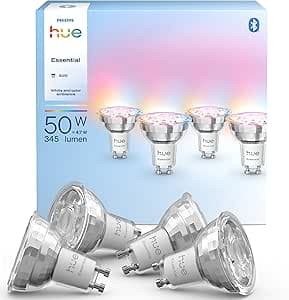 Philips Hue Philips Hue Essential GU10 Smart LED Spot Light, 4.7 W, 2200-6500 K, 345 Lumens, Dimmable, Alexa, Google Assistant and Apple Home, Pack of 4