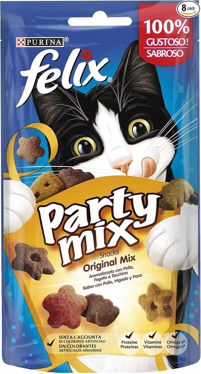 Felix Purina Felix Party Mix Snack Cat Original Mix with Chicken, Liver and Turkey, 8 x 60g Boxes