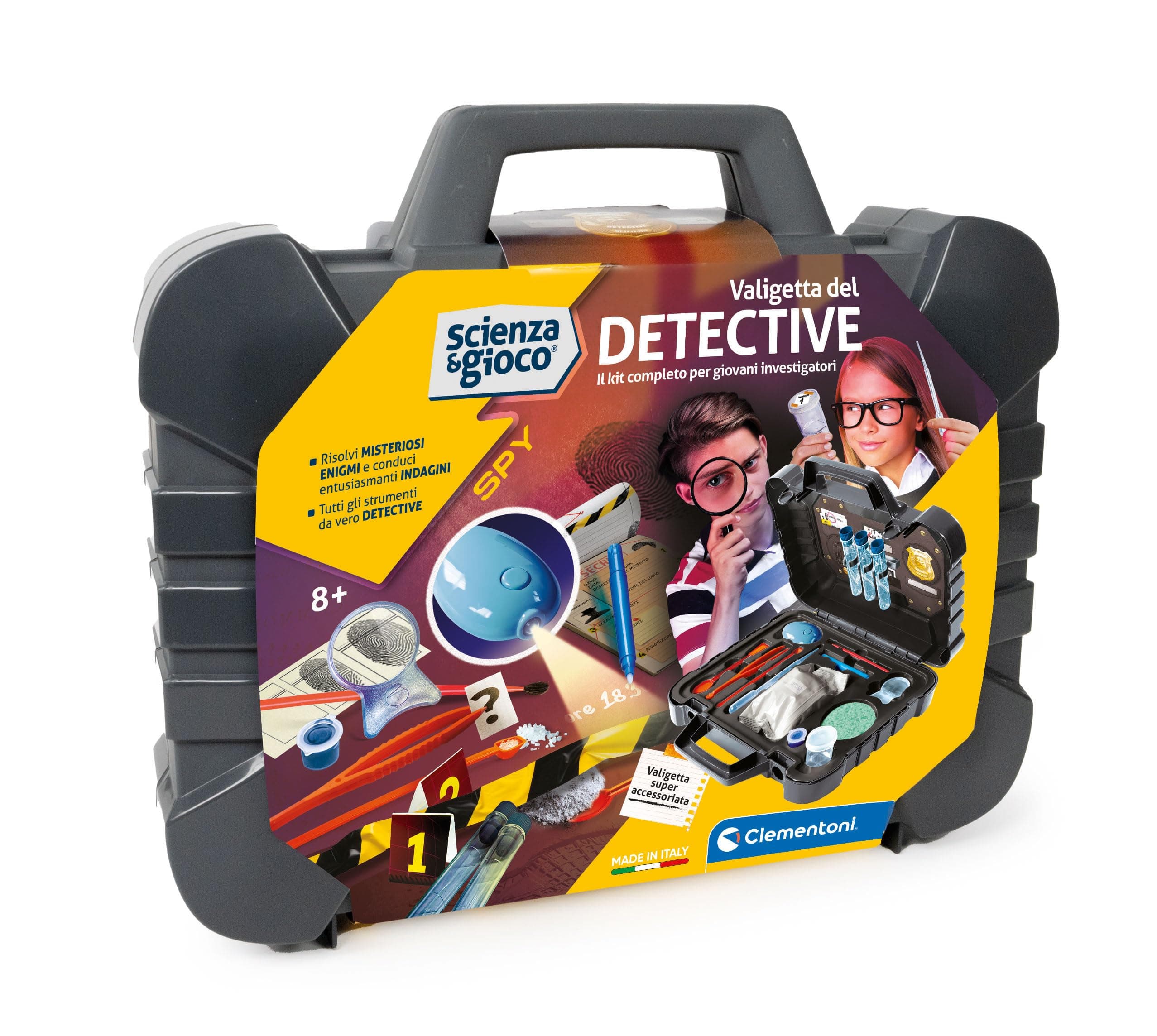 Clementoni Clementoni Science & Jeu Lab – Detective's Case, Investigator Kit for Children 8 Years, Scientific Game with Flashlight, Enlargement Lens and Other Tools, Made in Italy, 19386