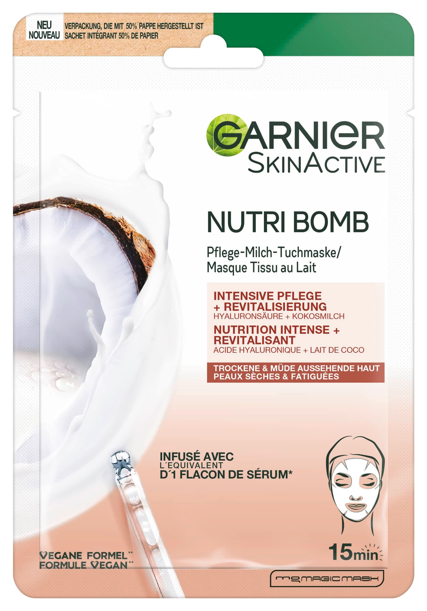 GARNIER Skin Active - Masque Visage Tissu Nutri Bomb - Nutrition Intense & Revitalisant - Lait de Coco & Acide Hyaluronique - Vegan & Cruelty Free - Peaux Sèches & Fatiguées - x1 - Image 4