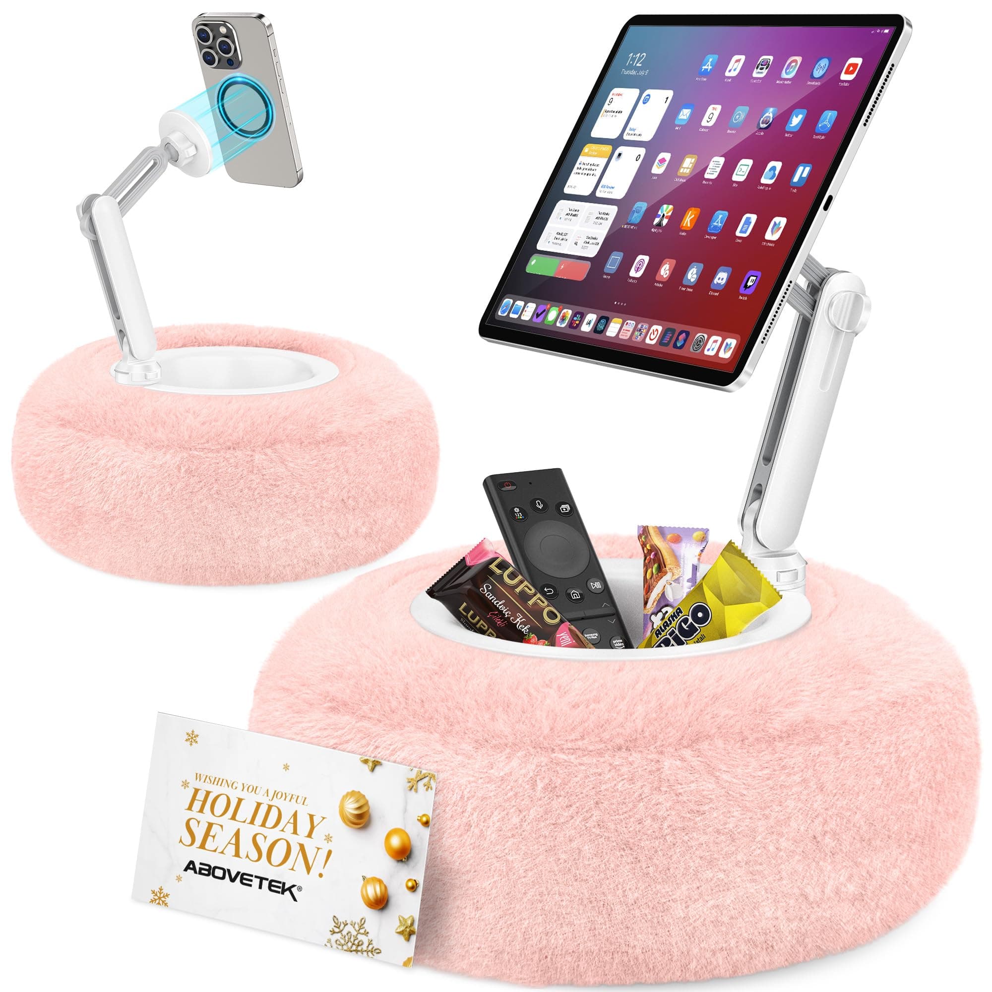 AboveTEK Kindle Cushion Holder, Magnetic iPad Stand for Bed with Snack Bowl, 360° Adjustable, Compatible with Kindle/Tablet/Phone, Comfortable Gift (Pink) - Image 1