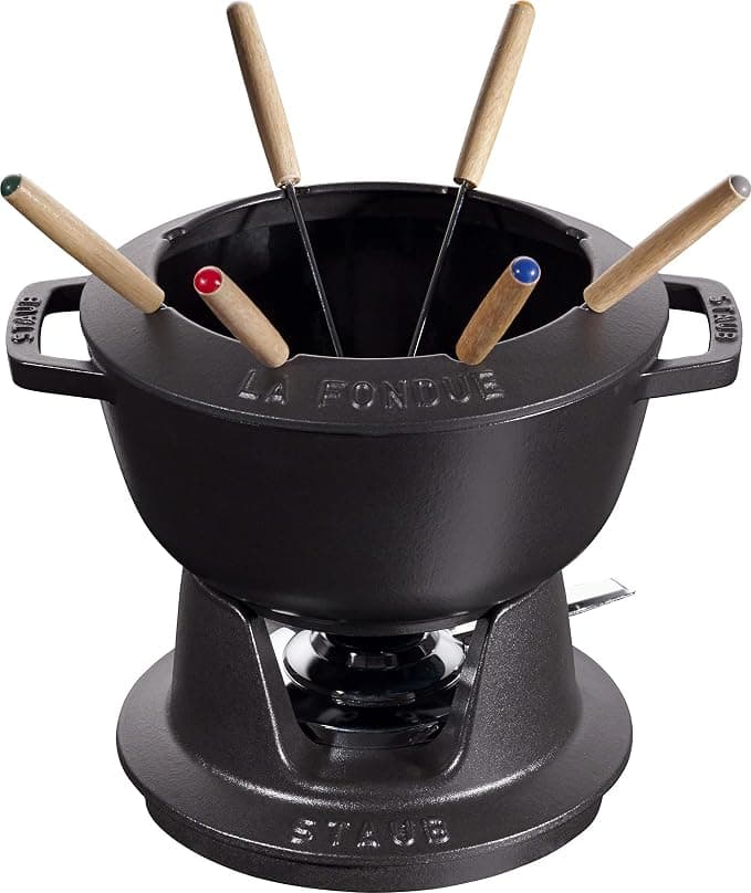 STAUB Cast Iron Fondue Set with 6 Fondue Forks, for Savoyard, Burgundy and Chocolate Fondue, Diameter 20 cm, Matte Black - Image 1