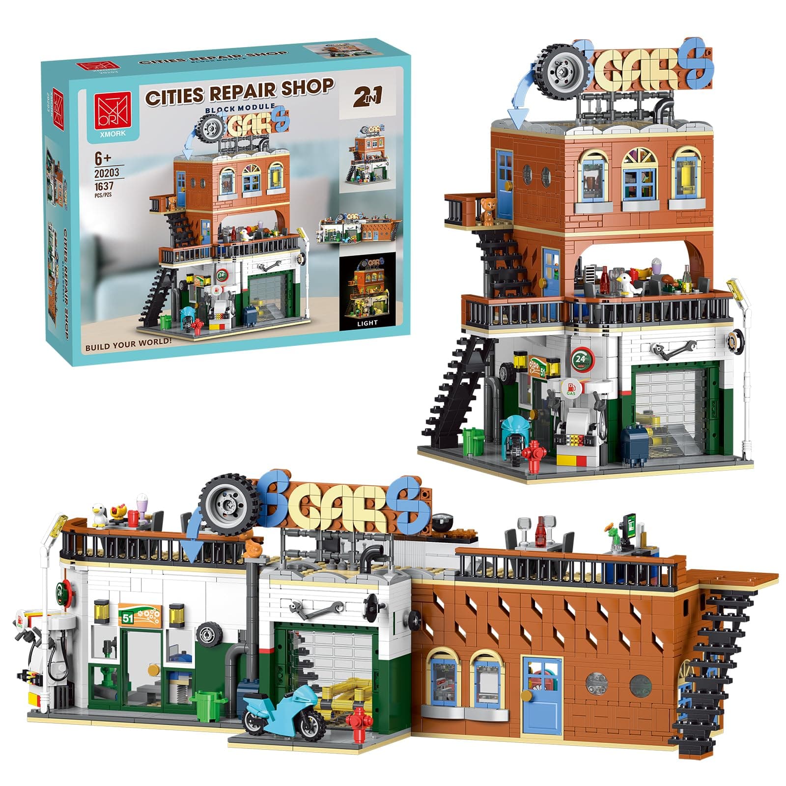 LEGO 2 in 1 Building Set, Compatible with Lego City House with LED Lighting, Modular Building Kit for Street View Car Repair Shop, Girls and Boys Toy +8 Years (1637 pcs)