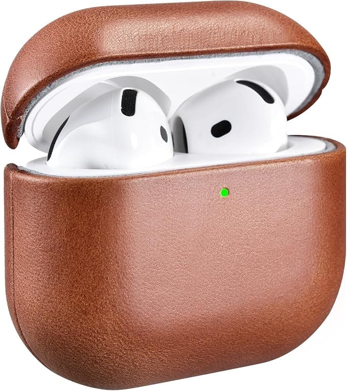 AirPods 4 2024 Leather Case, ICARER Premium Shock Resistant Leather Cover for Apple AirPods 4 2024 Headset Charging (LED Visible) Stand Wireless Charger - Brown
