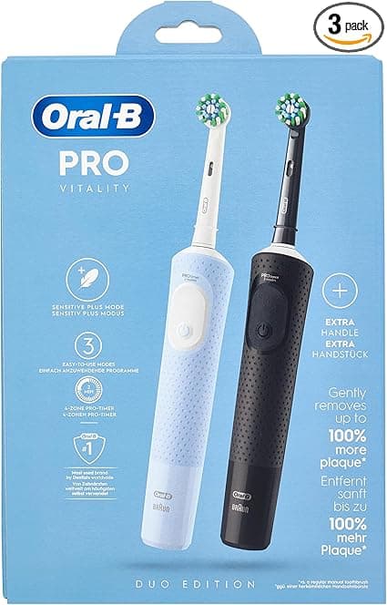Oral-B Vitality Pro Lot de 2 brosses à dents électriques 3 modes de brossage pour soins dentaires, Designed by Braun, bleu/noir - Image 4