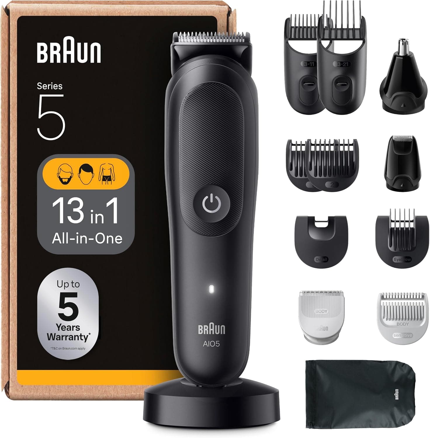 Braun Tondeuse Electrique Tout-En-Un Pour Hommes Series 5 AIO5565 Noir, etanche, Kit De Rasage 13-En-1 Avec Lame Ultra Affûtée, Coffret Avec 8 Sabots Pour Les Cheveux, La Barbe, Le Nez et Le Corps - Image 1