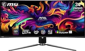 MSI MAG 341CQP QD-OLED Curved Gaming Screen 34 Inches UWQHD – 1800R, Quantum Dot OLED Panel 3440 x 1440, 144 Hz / 0.03 ms, 99% DCI-P3, ΔE≤2, DisplayHDR True Black 400, KVM - DP 1.4a, HDMI 2.1, USB